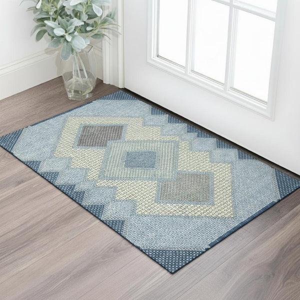 HomeRoots 5' X 8' Stylish Denim Blue & Gray Geometric Washable Area Rug with UV Protection for Busy Homes 718288