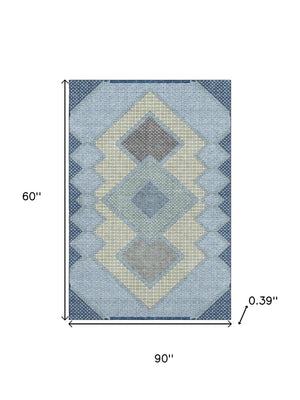 HomeRoots 8' Denim Blue and Gray Geometric Washable Round Rug - UV Protected, Easy-Care, Stylish Design! 718289