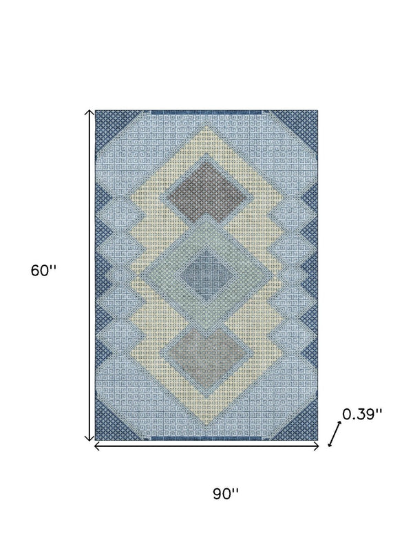 HomeRoots 8' Denim Blue and Gray Geometric Washable Round Rug - UV Protected, Easy-Care, Stylish Design! 718289