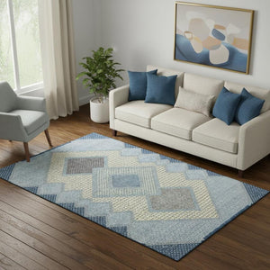 HomeRoots 8' Denim Blue and Gray Geometric Washable Round Rug - UV Protected, Easy-Care, Stylish Design! 718289