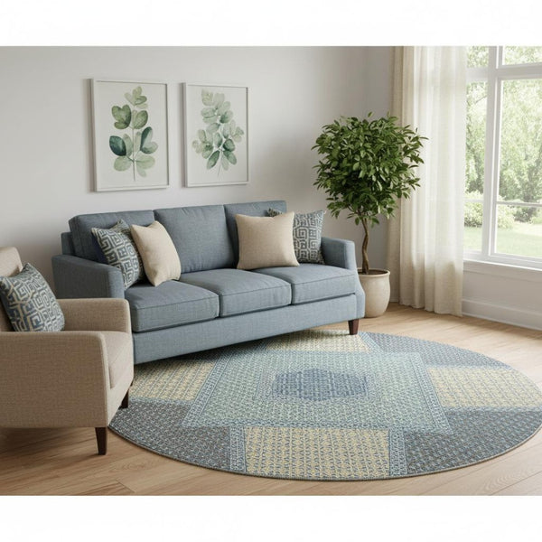 HomeRoots 8' X 10' Denim Blue and Gray Geometric Area Rug - Washable, UV Protected, and Stain Resistant Design 718290
