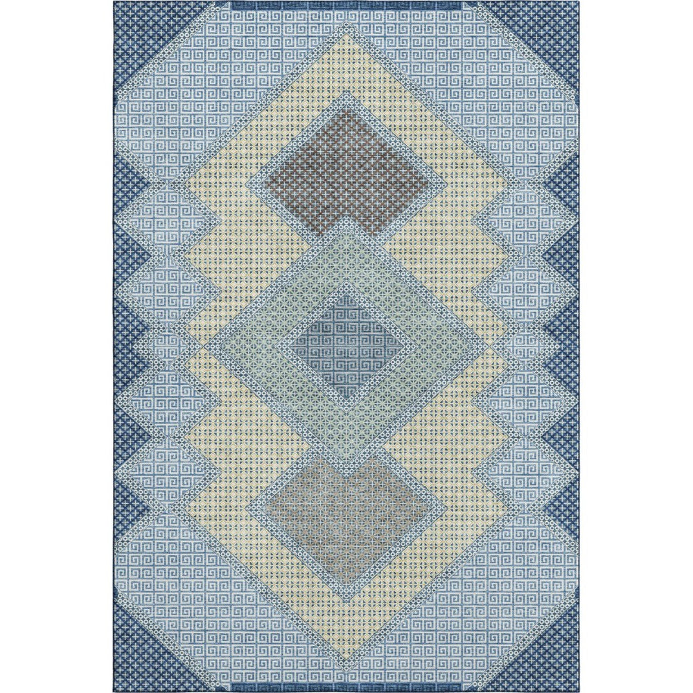 HomeRoots 9' X 12' Washable Denim Blue & Gray Geometric Area Rug - Stain Resistant, UV Protected, Non-Slip 718291
