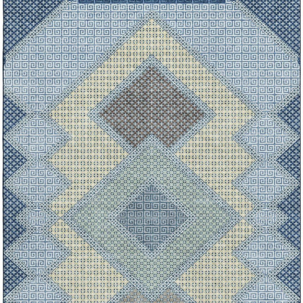 HomeRoots 9' X 12' Washable Denim Blue & Gray Geometric Area Rug - Stain Resistant, UV Protected, Non-Slip 718291