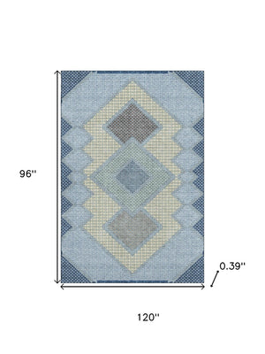 HomeRoots 9' X 12' Washable Denim Blue & Gray Geometric Area Rug - Stain Resistant, UV Protected, Non-Slip 718291