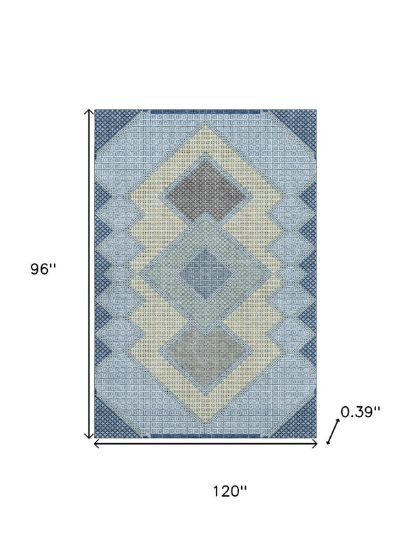 HomeRoots 9' X 12' Washable Denim Blue & Gray Geometric Area Rug - Stain Resistant, UV Protected, Non-Slip 718291