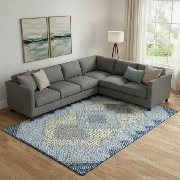 HomeRoots 9' X 12' Washable Denim Blue & Gray Geometric Area Rug - Stain Resistant, UV Protected, Non-Slip 718291