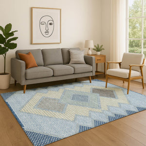 HomeRoots 10' X 14' Denim Blue Geometric Area Rug - Washable, UV Protected, Durable for High-Traffic Spaces 718292