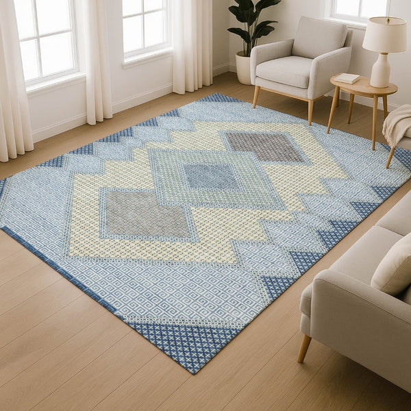HomeRoots 10' X 14' Denim Blue Geometric Area Rug - Washable, UV Protected, Durable for High-Traffic Spaces 718292