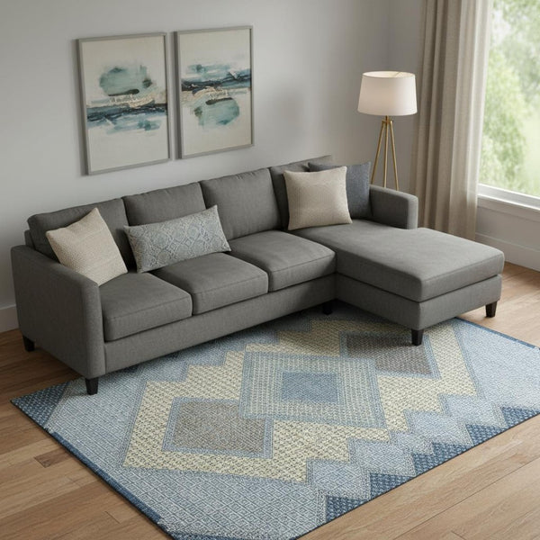 HomeRoots 10' X 14' Denim Blue Geometric Area Rug - Washable, UV Protected, Durable for High-Traffic Spaces 718292