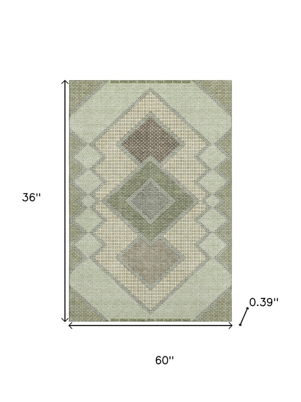 HomeRoots 5' X 8' Green and Gray Geometric Area Rug - Washable, UV Protected, Stain Resistant, for High-Traffic Homes 718294