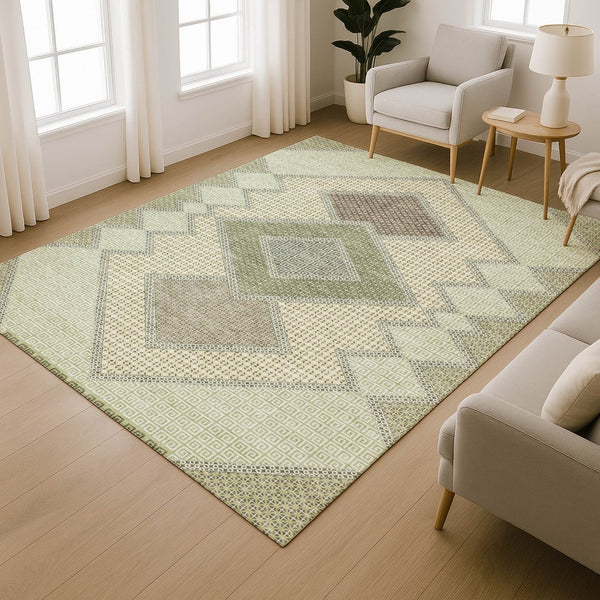 HomeRoots 9' X 12' Stylish Green and Gray Geometric Washable Area Rug with UV Protection for Easy Care 718297