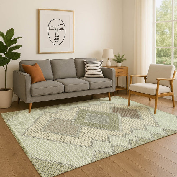 HomeRoots 10' x 14' Green and Gray Geometric Area Rug - Washable, UV Protected, Perfect for Modern Spaces! 718298