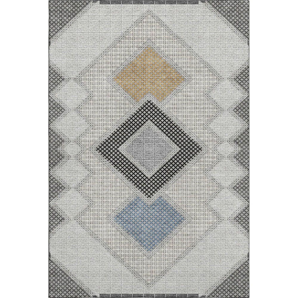 HomeRoots 8' Modern Gray and Charcoal Geometric Washable Round Rug with UV Protection for High-Traffic Areas 718301