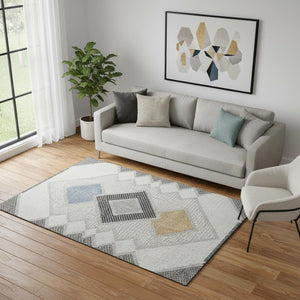 HomeRoots 8' Modern Gray and Charcoal Geometric Washable Round Rug with UV Protection for High-Traffic Areas 718301