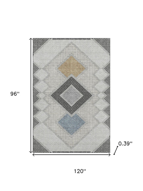 HomeRoots 9' X 12' Gray Geometric Washable Area Rug - Durable, Stain-Resistant with UV Protection for Homes 718303