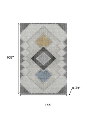HomeRoots 10' X 14' Gray and Charcoal Geometric Washable Area Rug - Durable, UV-Protected, Pet-Friendly Design! 718304