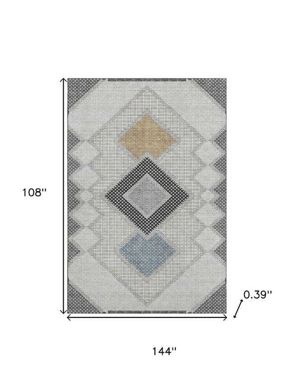 HomeRoots 10' X 14' Gray and Charcoal Geometric Washable Area Rug - Durable, UV-Protected, Pet-Friendly Design! 718304