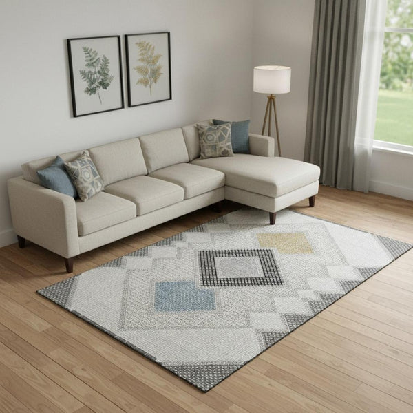 HomeRoots 10' X 14' Gray and Charcoal Geometric Washable Area Rug - Durable, UV-Protected, Pet-Friendly Design! 718304