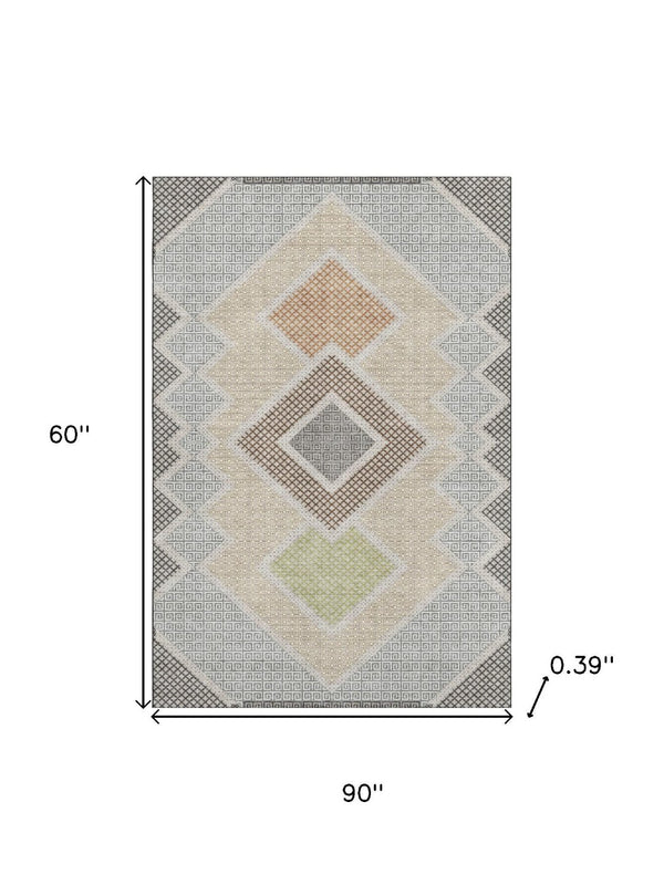 HomeRoots 8' Modern Pewter and Copper Geometric Washable Round Rug with UV Protection for Stylish Homes 718307