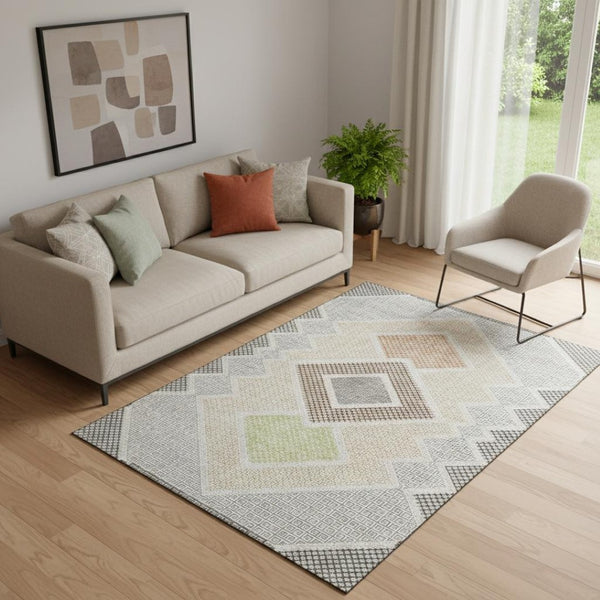 HomeRoots 8' Modern Pewter and Copper Geometric Washable Round Rug with UV Protection for Stylish Homes 718307