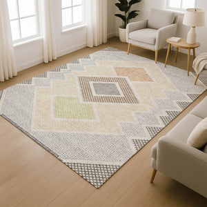 HomeRoots 9' X 12' Contemporary Pewter & Copper Geometric Area Rug – Washable, UV-Protected, Durable Design 718309
