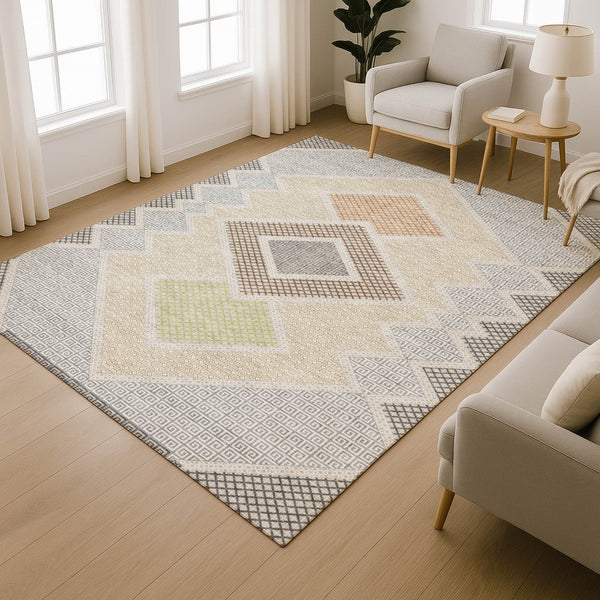 HomeRoots 9' X 12' Contemporary Pewter & Copper Geometric Area Rug – Washable, UV-Protected, Durable Design 718309