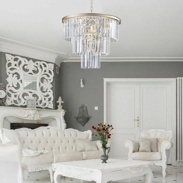English Elm 20" K9 Crystal Tiered Chandelier 7 Light Gold Frame Glam Pendant for Dining Foyer W2312P415969