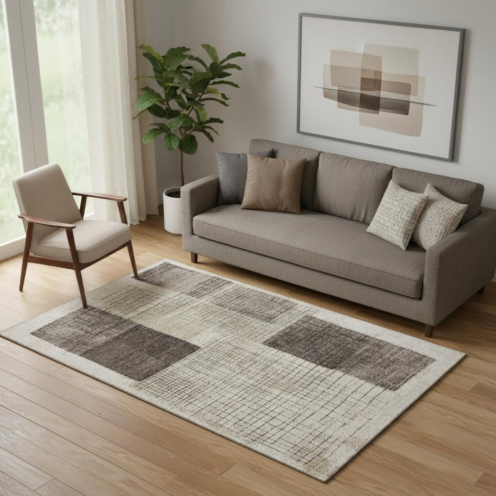 HomeRoots 8' Modern Brown and Taupe Geometric Washable Round Rug with UV Protection for High-Traffic Areas 718313