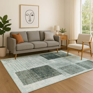 HomeRoots 5' X 8' Teal and Gray Geometric Area Rug – Stylish, Washable & UV-Protected for Kid-Friendly Spaces 718324