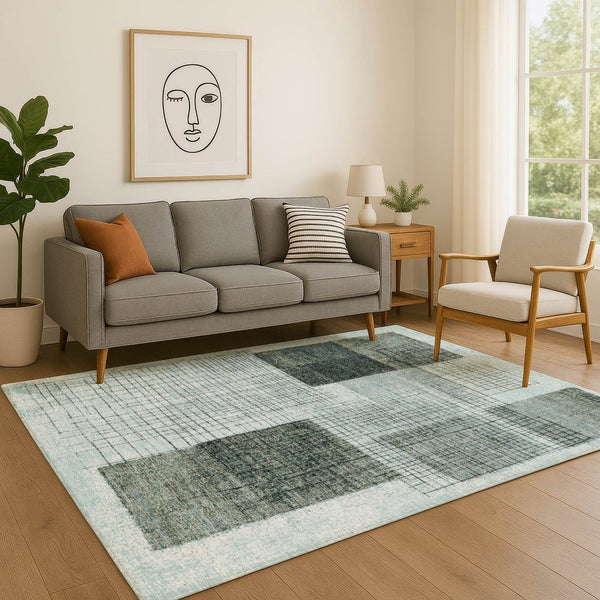HomeRoots 5' X 8' Teal and Gray Geometric Area Rug – Stylish, Washable & UV-Protected for Kid-Friendly Spaces 718324