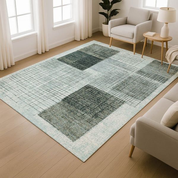 HomeRoots 5' X 8' Teal and Gray Geometric Area Rug – Stylish, Washable & UV-Protected for Kid-Friendly Spaces 718324