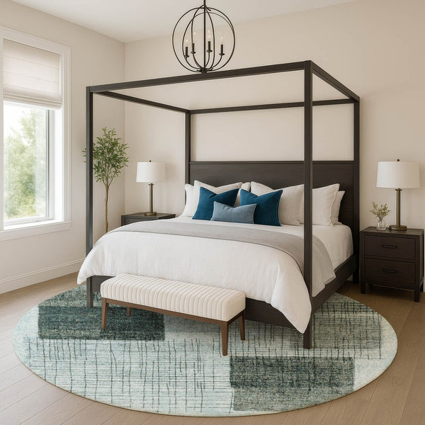 HomeRoots 8' X 10' Teal and Gray Geometric Area Rug – Washable, UV-Protected, Stylish, Non-Slip Backing! 718326