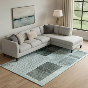 HomeRoots 9' X 12' Teal & Gray Geometric Area Rug - Washable, UV-Protected, Perfect for Kids & Pets! 718327