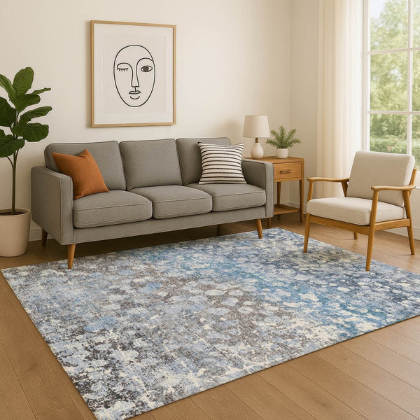 HomeRoots 5' x 8' Abstract Blue and Gray Area Rug - Washable, UV Protected, Stain-Resistant for High Traffic Areas 718330