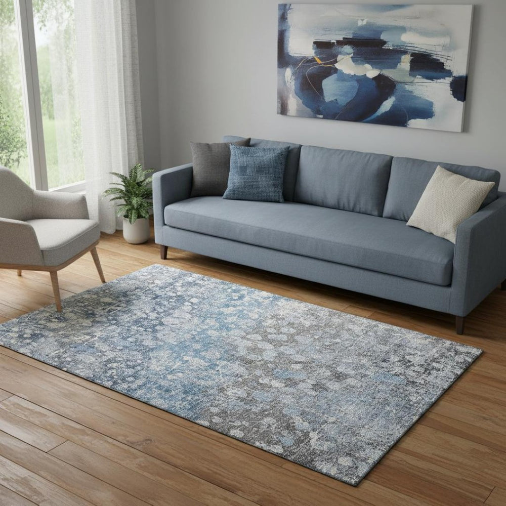 HomeRoots 8' Blue And Gray Abstract Round Rug - Washable, UV Protected, Stain Resistant for Modern Homes 718331