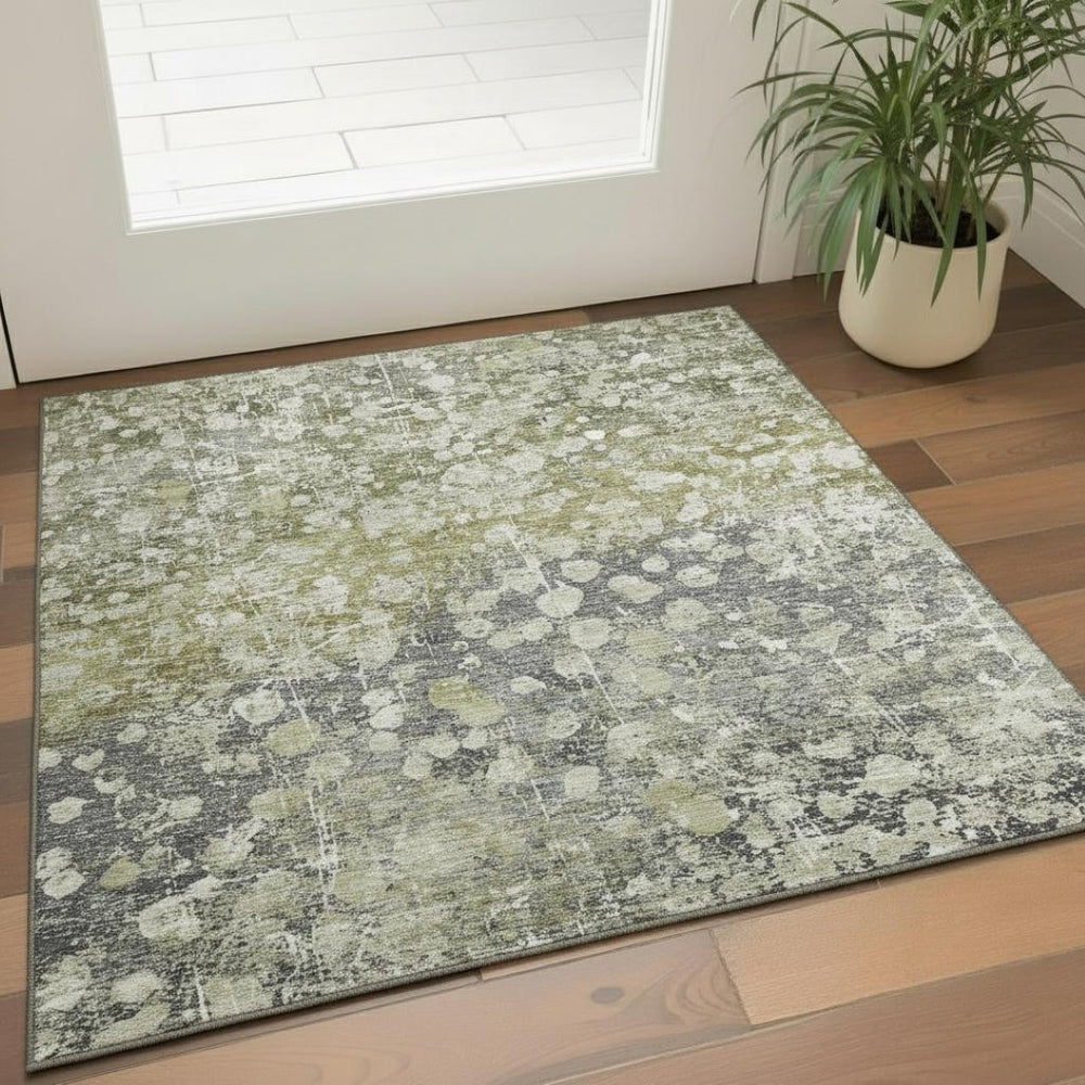 HomeRoots 5' X 8' Stylish Olive Green and Gray Abstract Washable Area Rug with UV Protection for Homes 718336