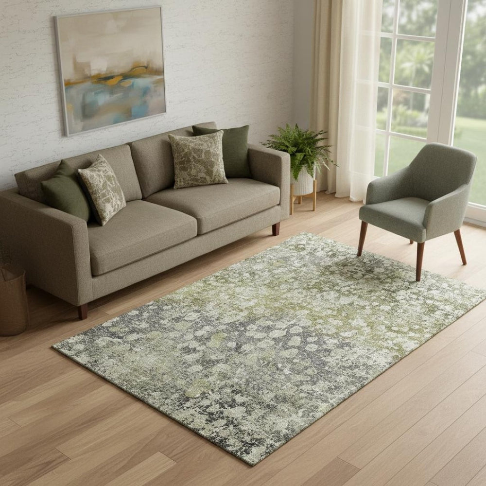HomeRoots 8' Olive Green & Gray Abstract Washable Round Rug - UV Protected, Durable, Easy Care for Busy Homes 718337