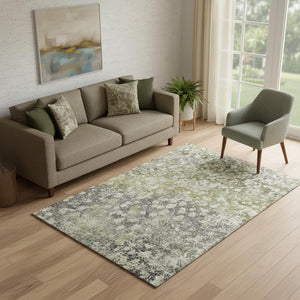 HomeRoots 8' Olive Green & Gray Abstract Washable Round Rug - UV Protected, Durable, Easy Care for Busy Homes 718337