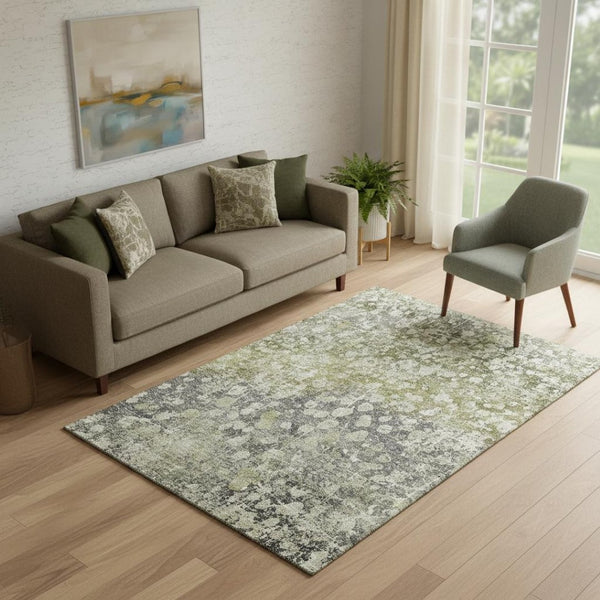 HomeRoots 8' Olive Green & Gray Abstract Washable Round Rug - UV Protected, Durable, Easy Care for Busy Homes 718337