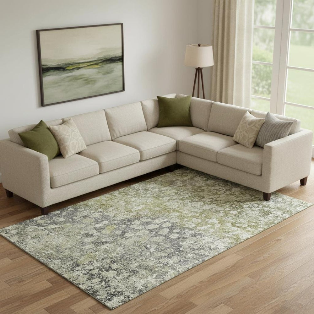 HomeRoots 9' X 12' Olive Green & Gray Abstract Area Rug - Washable, UV Protected, Stain Resistant for Homes 718339