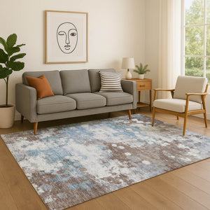 HomeRoots 8' Brown & Blue Abstract Round Rug – Washable, UV-Protected, Durable Design for Busy Homes 718349