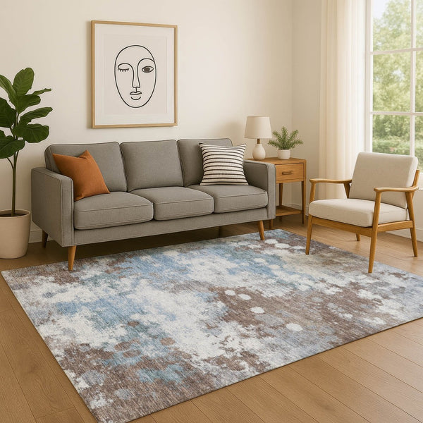 HomeRoots 8' Brown & Blue Abstract Round Rug – Washable, UV-Protected, Durable Design for Busy Homes 718349