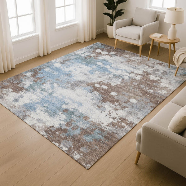 HomeRoots 8' Brown & Blue Abstract Round Rug – Washable, UV-Protected, Durable Design for Busy Homes 718349