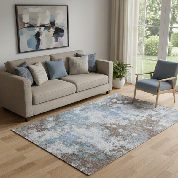 HomeRoots 8' Brown & Blue Abstract Round Rug – Washable, UV-Protected, Durable Design for Busy Homes 718349
