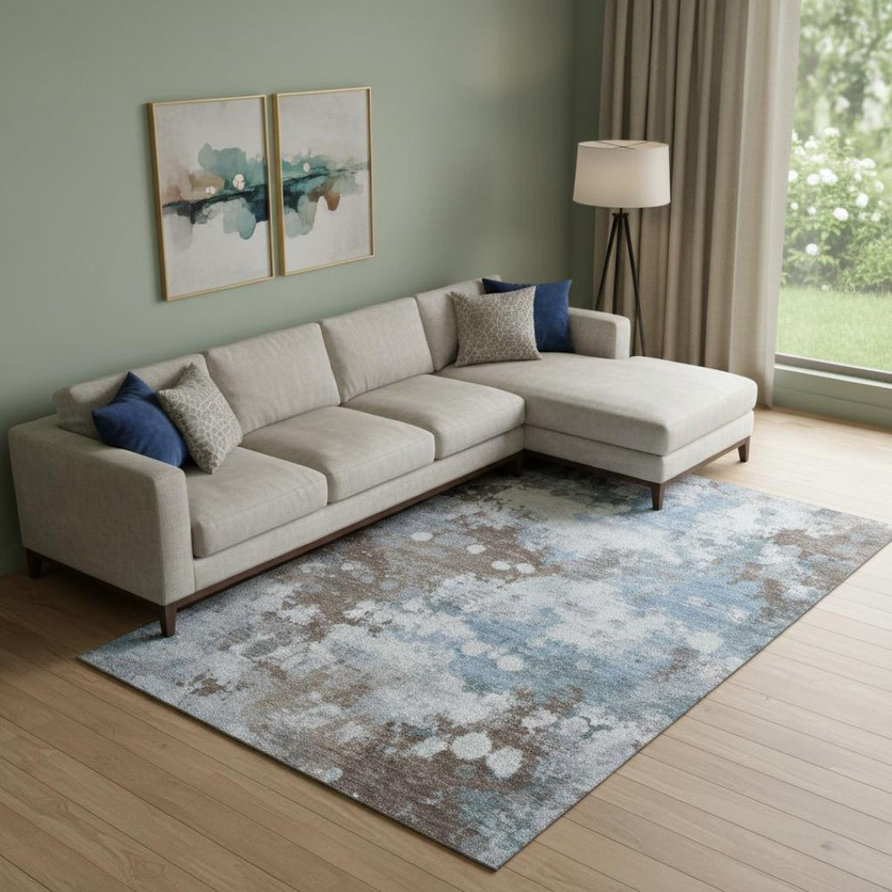 HomeRoots 9' X 12' Modern Abstract Area Rug in Brown & Blue – Washable, Stain-Resistant, UV-Protected Design 718351
