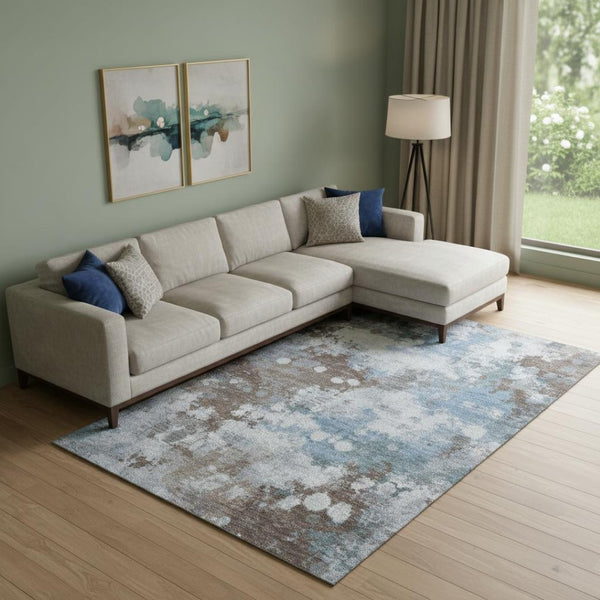 HomeRoots 9' X 12' Modern Abstract Area Rug in Brown & Blue – Washable, Stain-Resistant, UV-Protected Design 718351