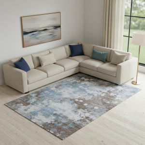 HomeRoots 10' Brown & Blue Abstract Area Rug - Washable, UV Protected, Stain Resistant, Ideal for Family Homes 718352