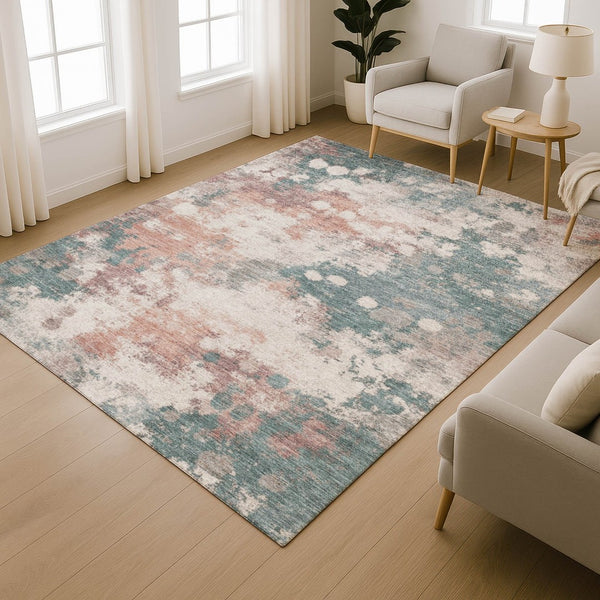 HomeRoots 5' X 8' Coral and Teal Abstract Area Rug - Machine Washable, UV Protected, Stylish & Durable Design 718354