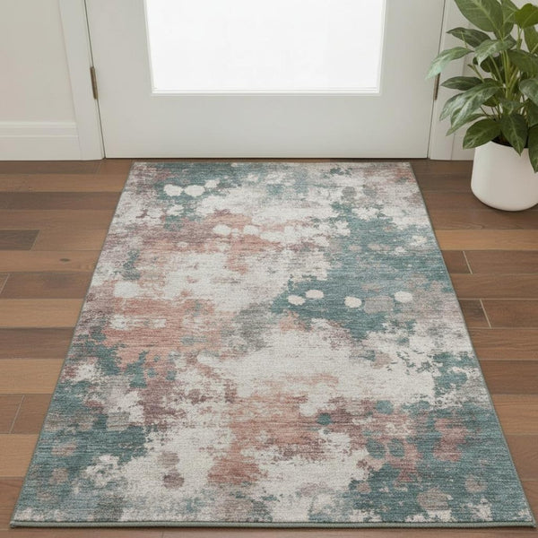 HomeRoots 5' X 8' Coral and Teal Abstract Area Rug - Machine Washable, UV Protected, Stylish & Durable Design 718354