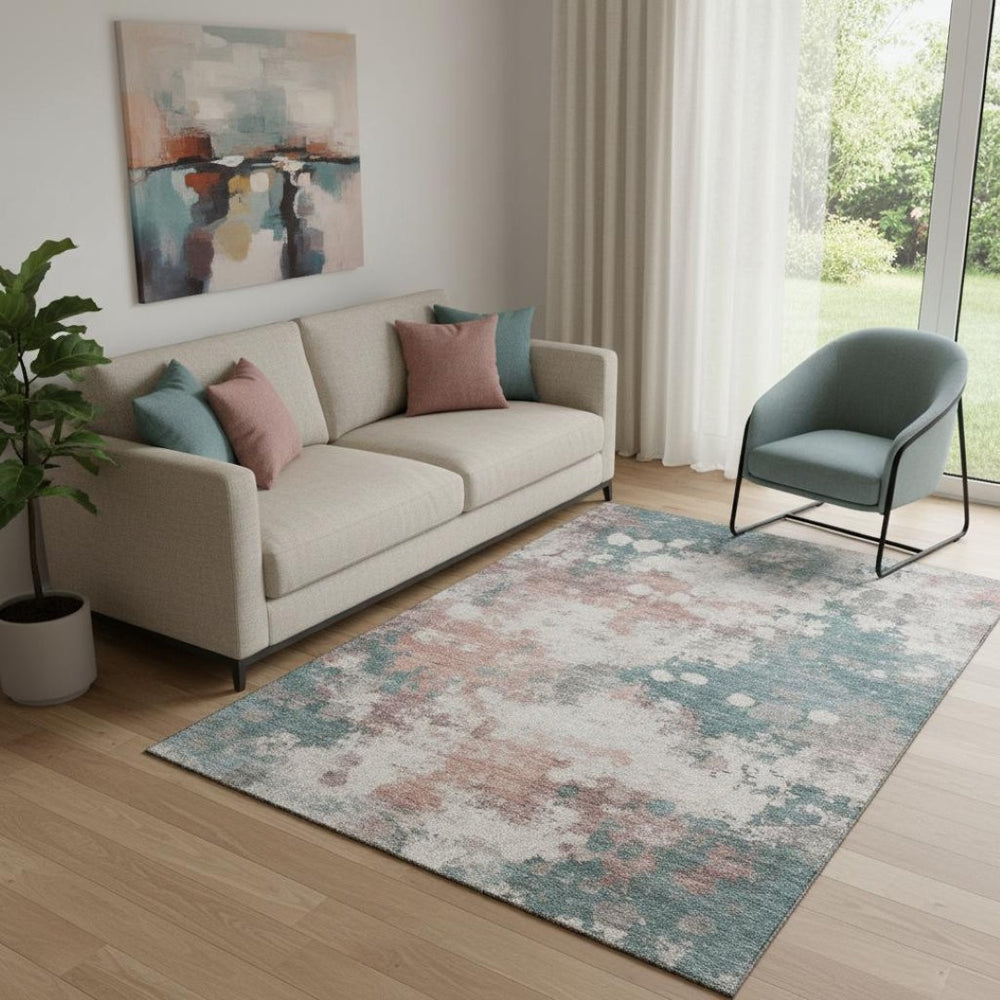 HomeRoots 8' Coral and Teal Abstract Round Rug - Washable, UV-Protected, Stylish, Durable for Busy Homes 718355